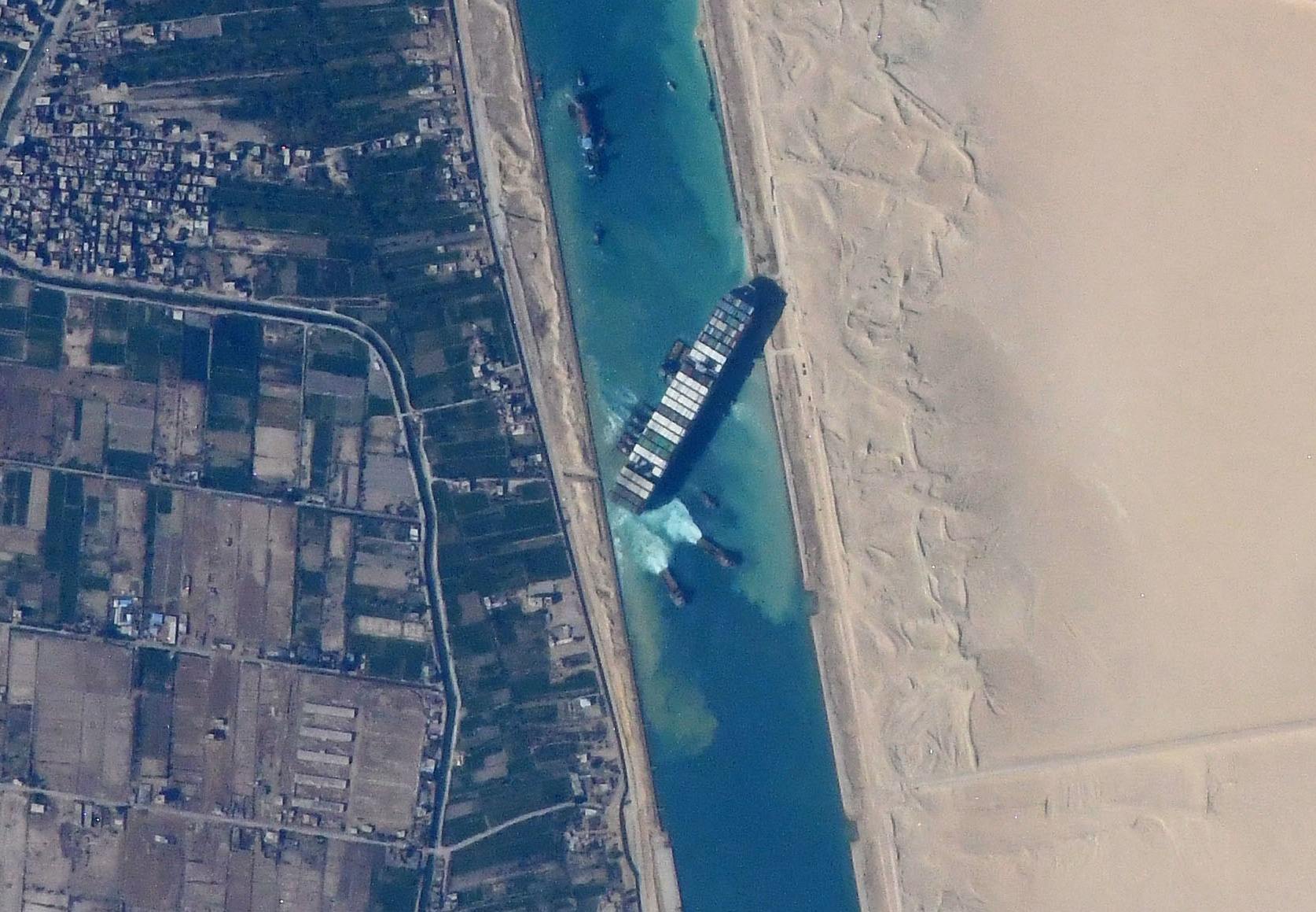 The container ship Ever Given wedged diagonally across the Suez Canal, photographed from the International Space Station on 27 March 2021.